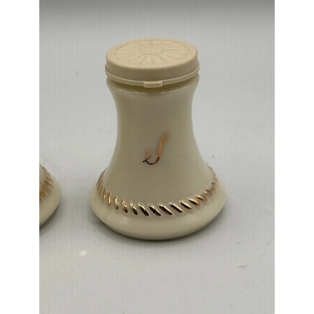 Wheatonware Custard Glass Salt & Pepper‎ Shakers With Lids Gold Trim
